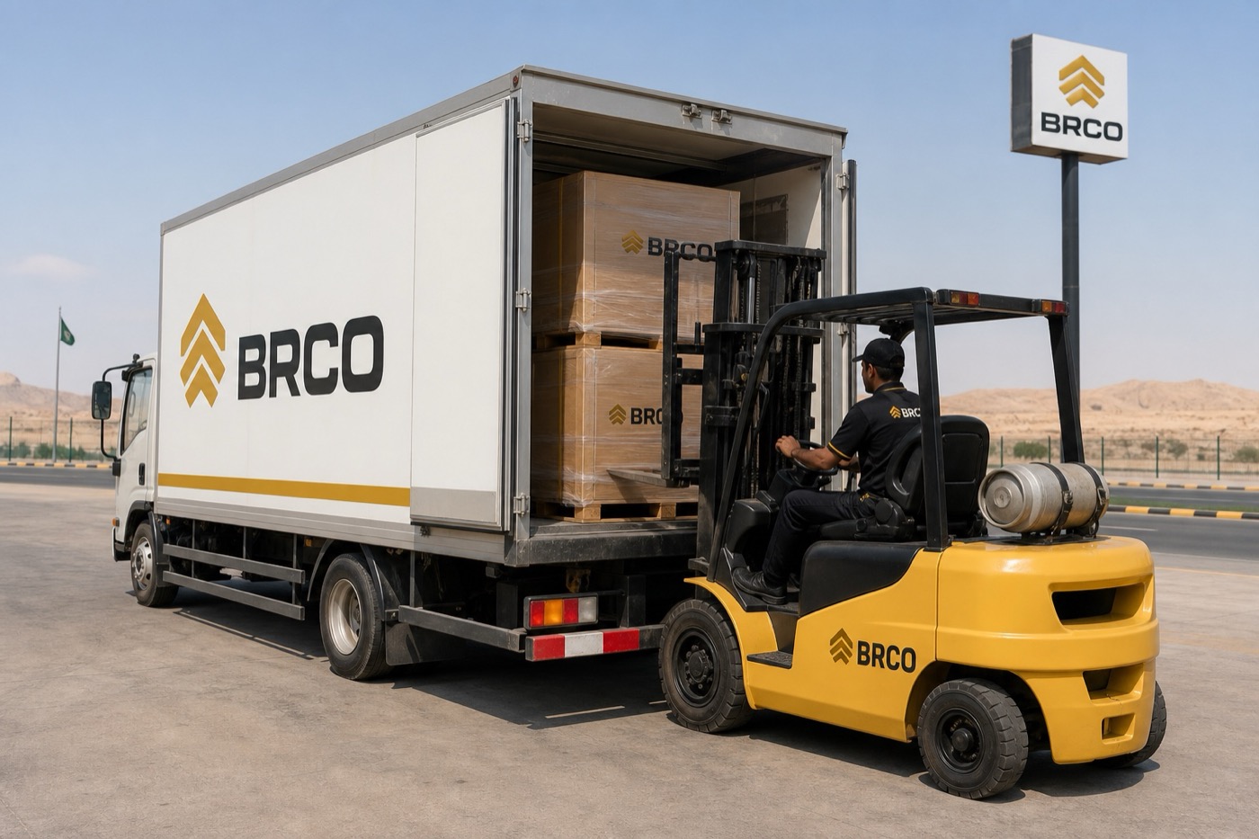 BRCO forklift loading cargo at a GCC logistics depot