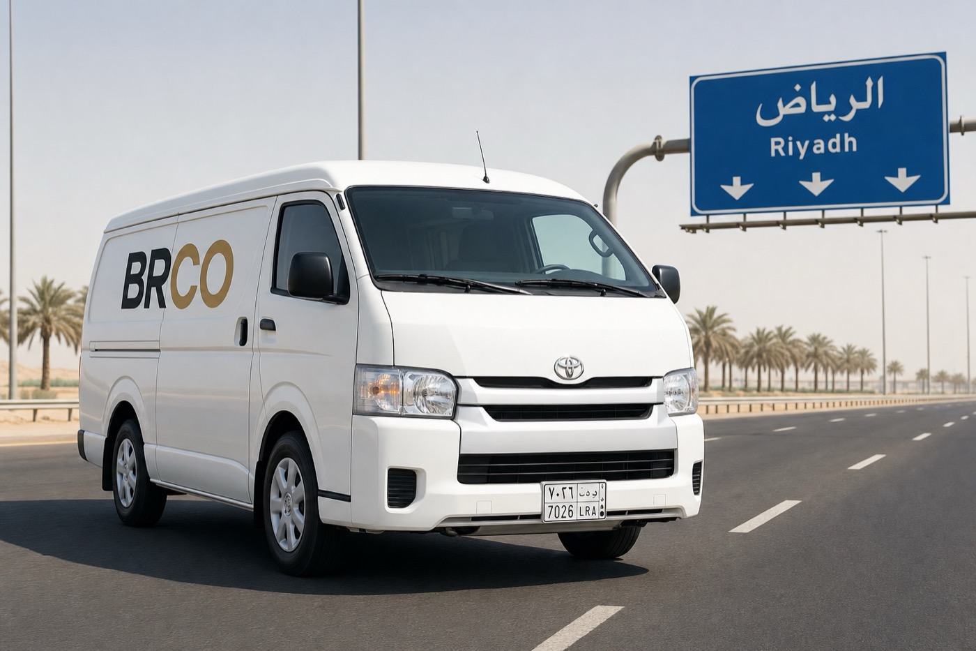 BRCO Toyota Hiace van on a GCC highway toward Riyadh